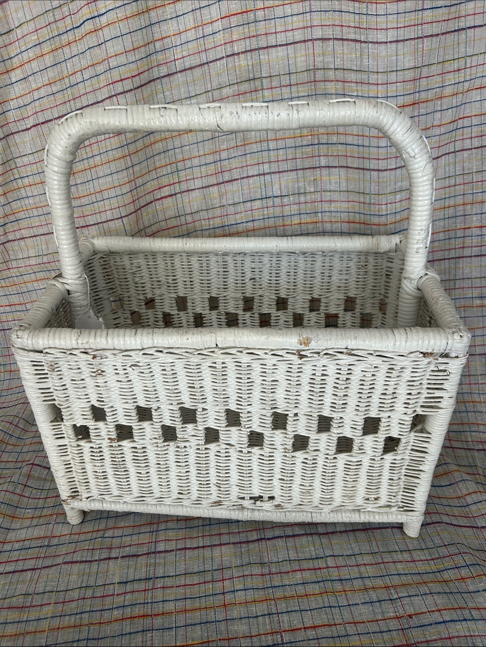 Vintage White Wicker Storage Basket with Handle